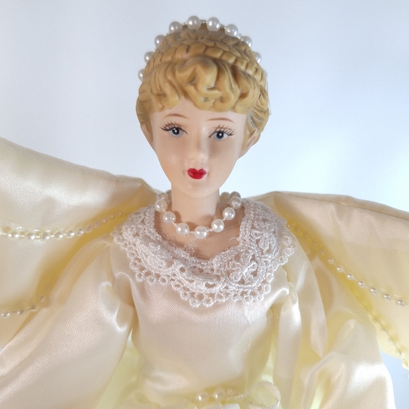 Vintage Porcelain Fabric Angel Tree Topper Holiday Christmas Decoration - Picture 6 of 9